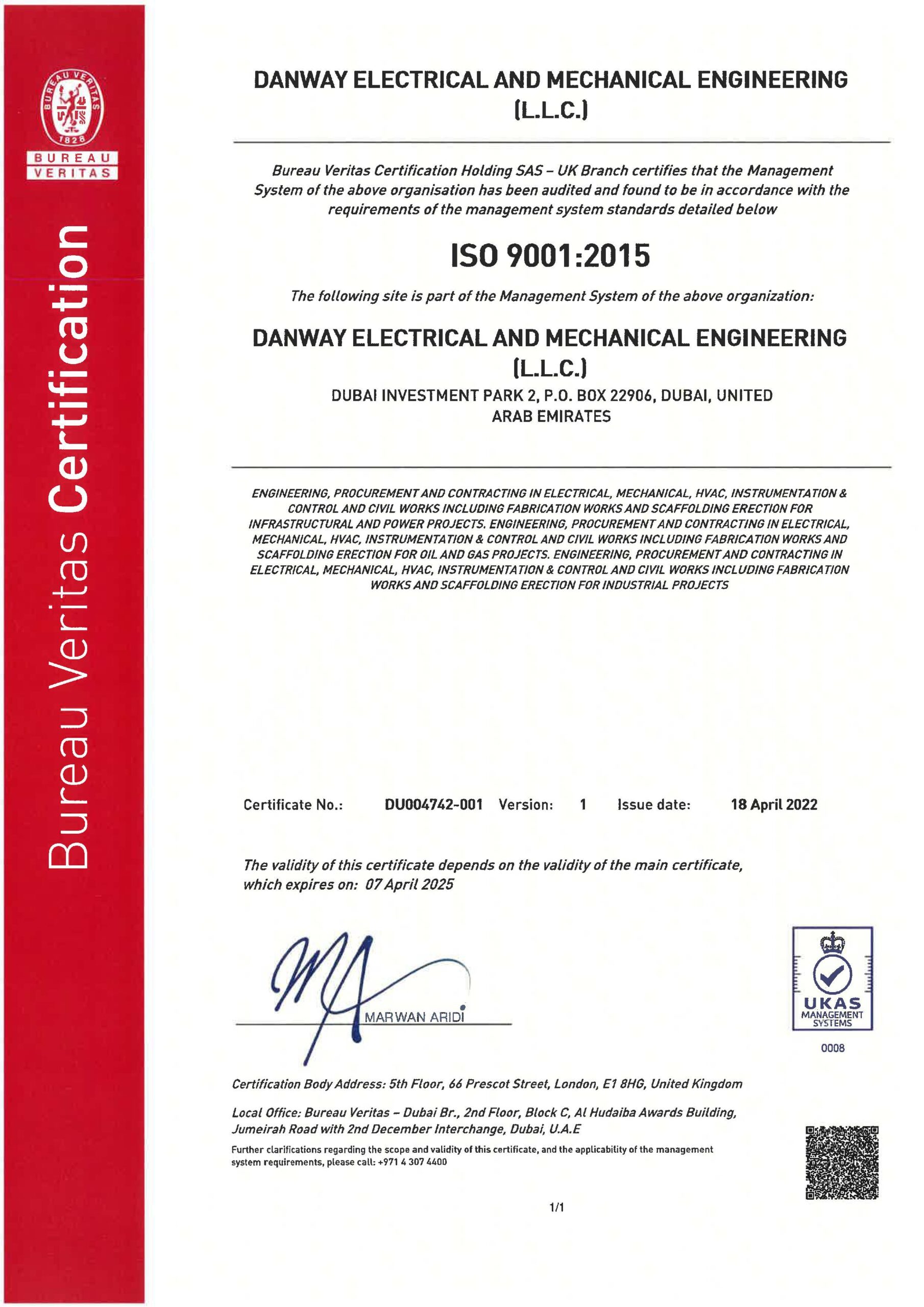 ISO9001:2015 Danway EME, Dubai