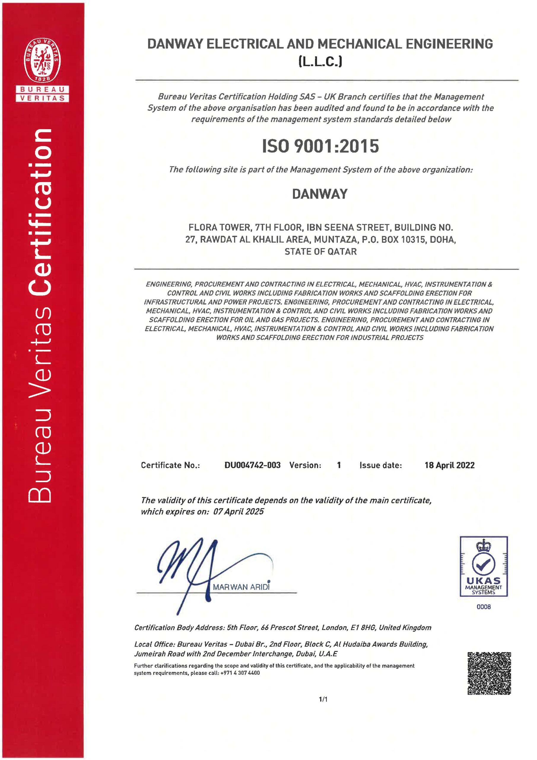 ISO9001:2015 Danway, DOHA, Qatar