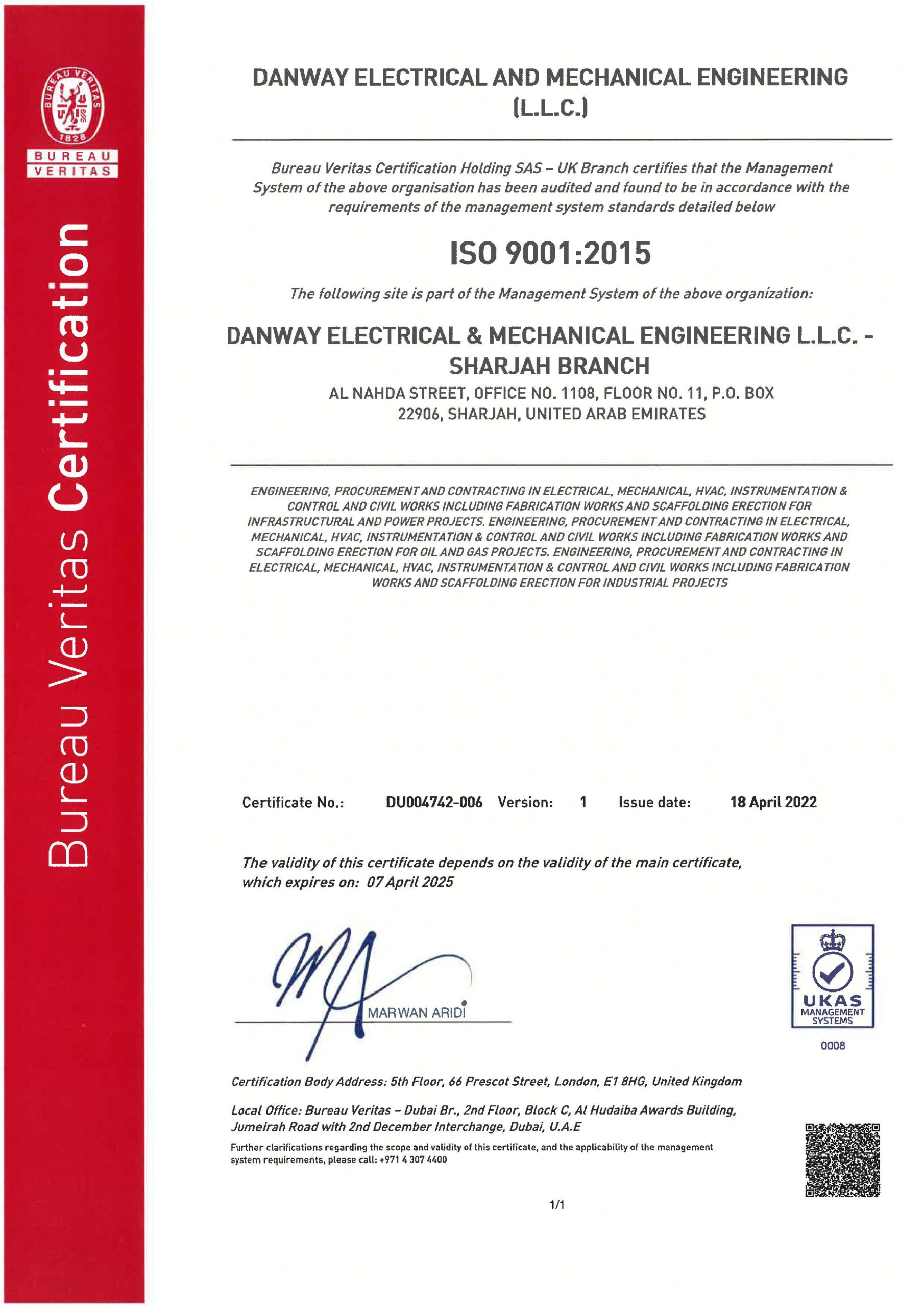 ISO9001:2015 Danway EME, Sharjah